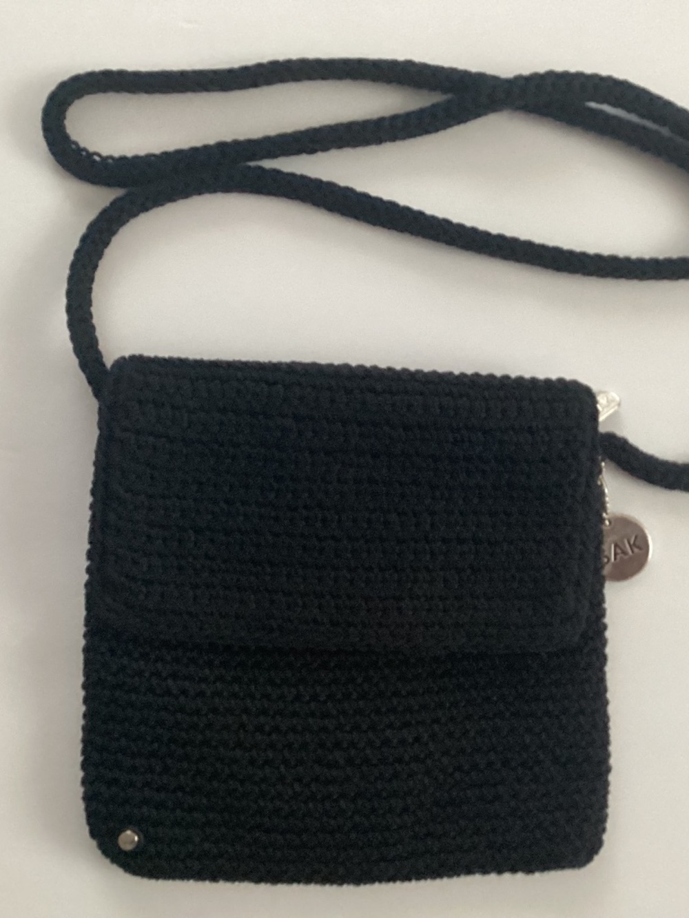 The Sak Crochet Purse Crossbody/Shoulder Handbag Black Small 7” x 8”.